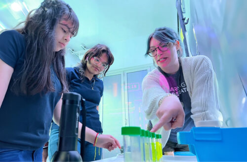 teacher demonstrates chemistry concepts to students in emerging leaders in stem course